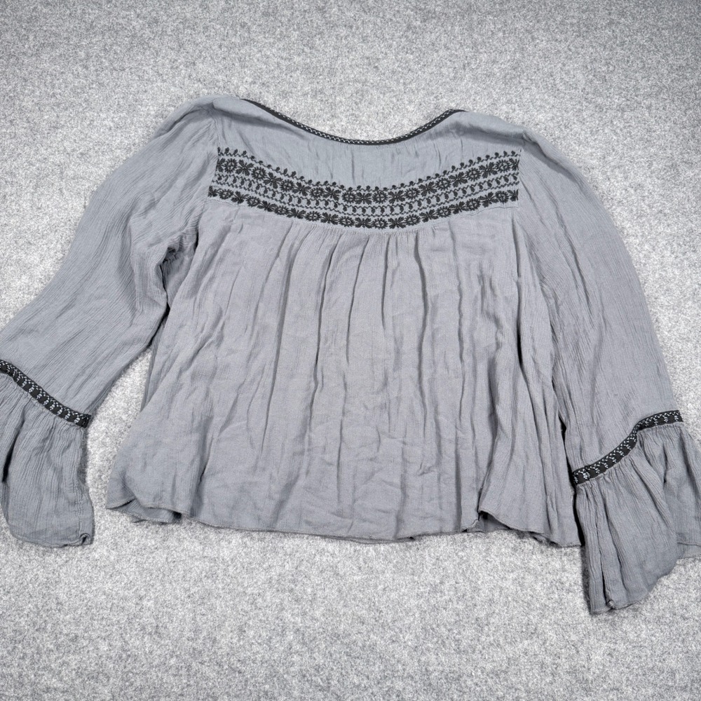 American Eagle Gray Embroidered Peasant Blouse Bell Sleeve Tassel Top XL - Picture 12 of 13